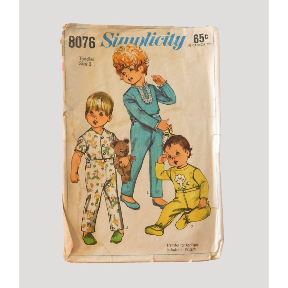 Simplicity 8076 Toddler Pajamas 1968 Vintage Sewing Pattern Size 3 Transfer Cut